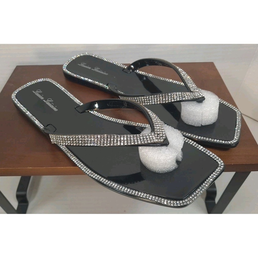 NIB Lauren‎ Lorraine Tampa Flip Flops Black Size 7 Rhinestone Dressy Sandals